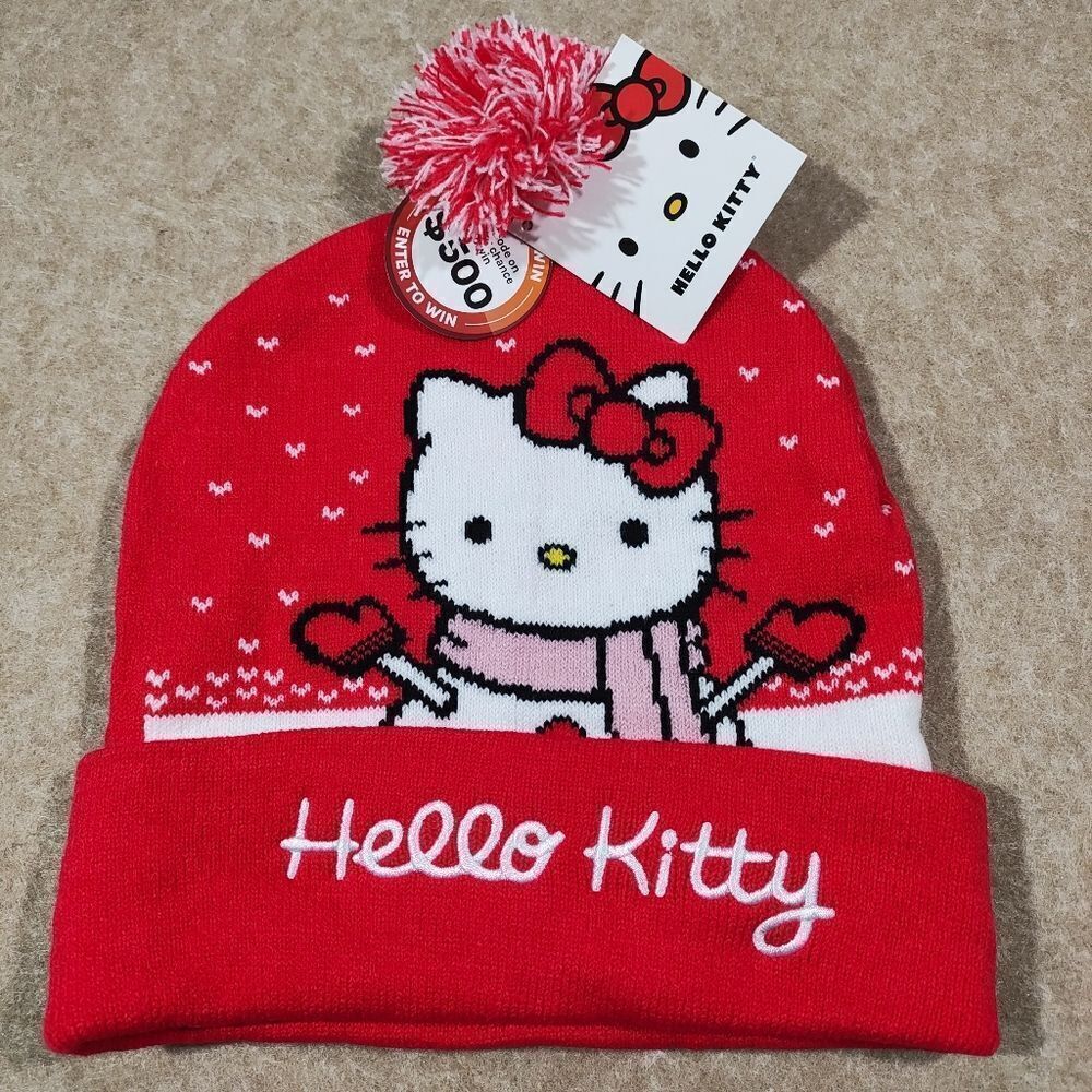 Hello Kitty Adult Red and White Knit Pom Beanie Hat -O